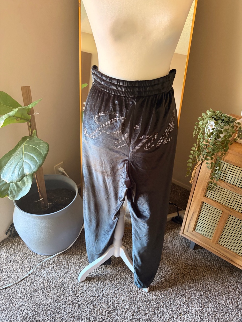 Pink Black Velour Women Jogger Pants with Crystal Detail